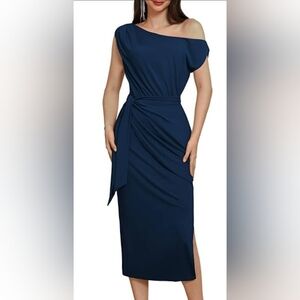 Grace Karin Navy One-Shoulder Midi Sheath with Side Drape